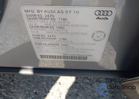 2011 Audi Q5 2.0T Premium Plus from USA, damaged, VIN WA1LFCFPXBA022760
